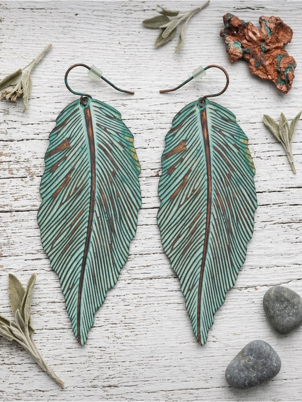 Verdigris Patina Feather Earrings Boho Southwestern Large Statement Nature